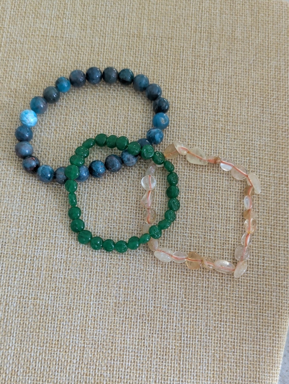 Natural Blue Stone, Green Glass and Clear Beaded Bracelets